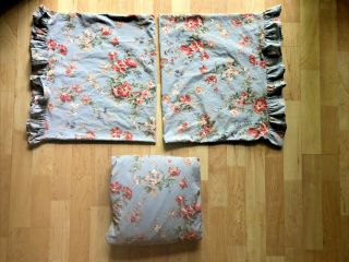 Vtg Ralph Lauren Yvette King Fitted Sheet,  2 Std Pillowcases Blue Floral Ruffle