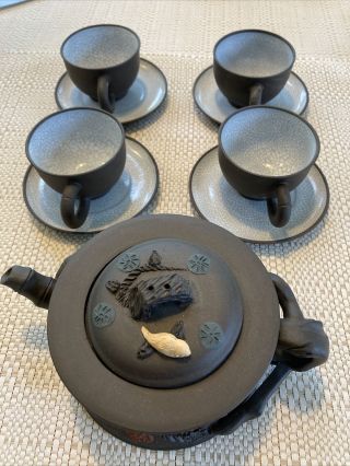 Set Of 4 Chinese Yixing Zisha Tea Cups With Crackle Glaze,  Saucers & Teapot
