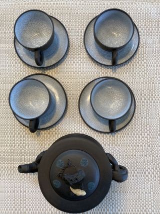 Set of 4 Chinese Yixing Zisha Tea Cups with crackle glaze,  Saucers & Teapot 2