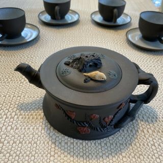 Set of 4 Chinese Yixing Zisha Tea Cups with crackle glaze,  Saucers & Teapot 3