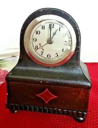 Vintage Wood Wooden German Germany Clock Music Box 5 1/4 " Tall Small
