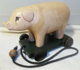Vintage Carved Wooden Pink Pig Pull Toy On Wheels