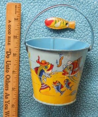 Vintage 1940 - 1950 Tin Sand Pail Cartoon Fishes & Fish Whistle King Cup Candy