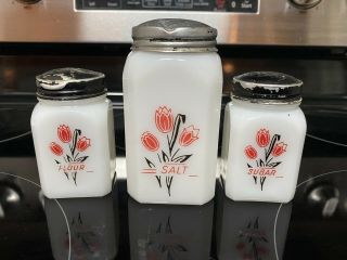 3 Vintage Tipp Mckee Red & Black Tulips Milk Glass Salt Flour Sugar Shakers