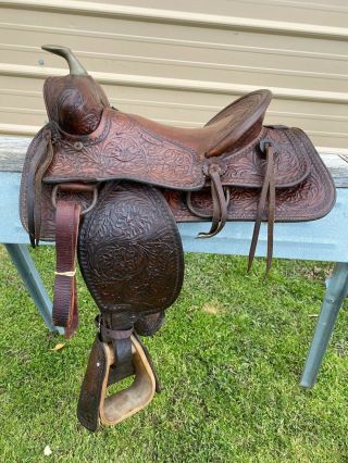 Used/vintage 11.  5 " Western Pony Saddle Brown Tooled Leather W/tapaderos