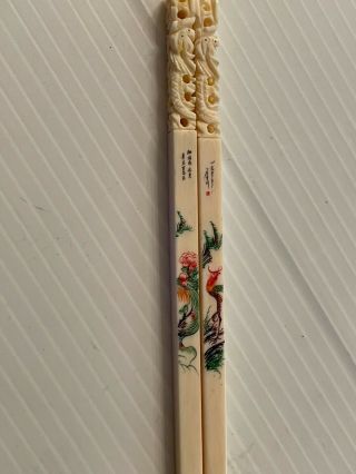 Two (2) Vintage Asian Hand Carved,  Painted & Signed Bovine Bone Chopsticks