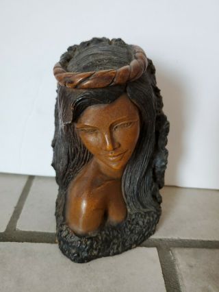 Vintage Hawaiian Koa Wood Woman Bust Head Sculpture Hand - Carved Signed 5.  5 "