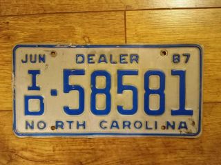 1987 North Carolina Nc Dealer License Plate Tag Id - 58581 Stamped