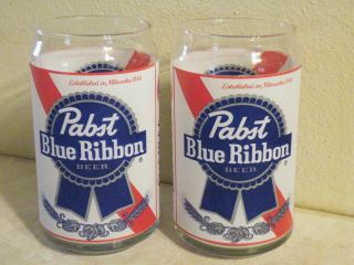 2 Vintage Pabst Blue Ribbon Beer Glasses Can Shaped Glass