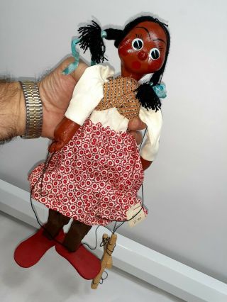 13 " Old Mexican Woman Marionette Folk Art Wood Sombrero String Puppet