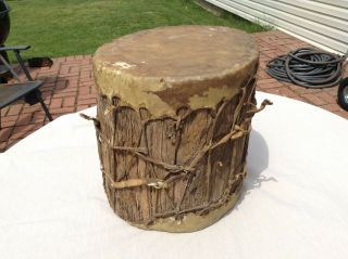 Handmade Antique Native American Indian Hide Double Sided Log Drum 10 By 9 1/2