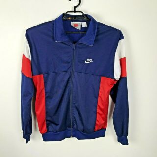 Vintage 1980s Nike Track Jacket Size L Red White Blue Polyester Zip Front Mens