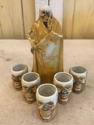 Vintage Grim Reaper Skeleton Poison Bottle Saki Set Made In Japan W/5 Skull Cups