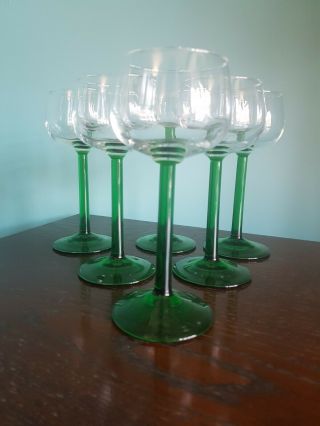 Set Of 6 Vintage Tall Green Slim Stemmed Wine Glasses French Hock