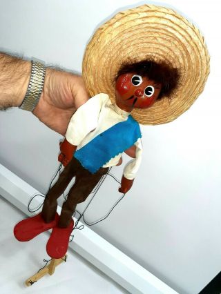 Old 15 " Mexican Man Marionette Folk Art Wooden Sombrero String Puppet