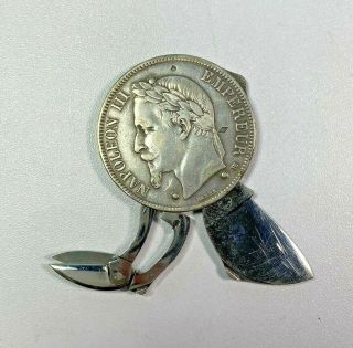 Vintage Eloi Pernet 1868 Napoleon 5 Franc Coin Knife With Scissor,  File & Knife