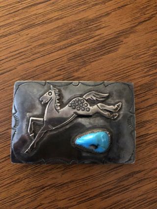 Vintage Navajo Sterling Silver Horse And Turquoise Belt Buckle