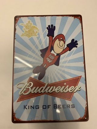 Budweiser Bud Man Tin Sign (vintage Rustic Retro Look) Superhero King Of Beers