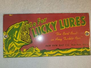 Vintage Lucky Lures Porcelain Sign Paw Paw Bait Company