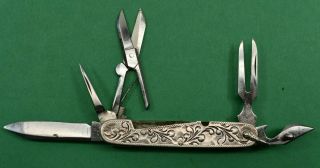 Vintage Japan Sterling Silver Etched Multi Tool Pocket Knife Stainless Highsteel