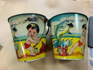 2 Vintage 1970s T Cohn Beach Sand Pails Made In Usa Little Boy At Beach Fishing