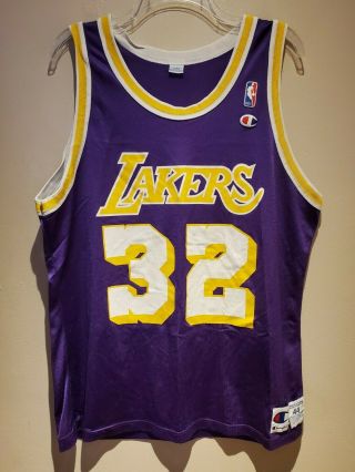Vintage 90s Magic Johnson Los Angeles Lakers Champion Jersey 44 32 Purple Blank