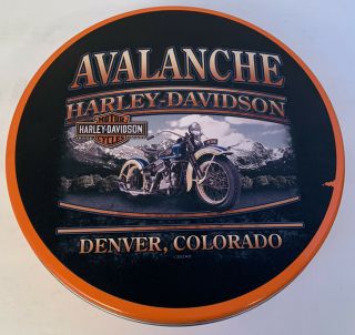 Vintage Harley Davidson Avalanche Denver Colorado Cookie Tin.  Cond.