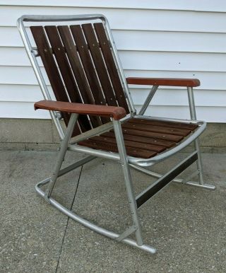 Vintage Red Wood Cedar Slat & Aluminum Lawn Rocker Folding Rocking Chair