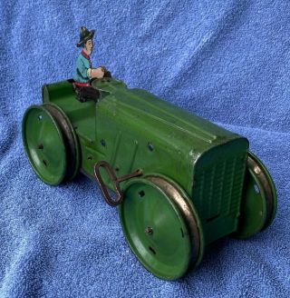 R2) Vintage Louis Marx Toy Green Dozer Tractor Windup Tin Toy Green With Man