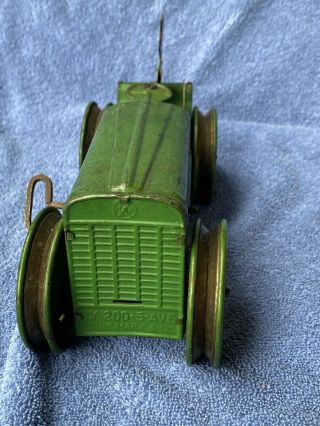 R2) Vintage Louis Marx Toy Green Dozer Tractor Windup Tin Toy Green with Man 2