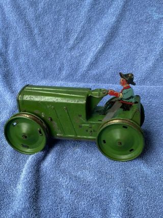 R2) Vintage Louis Marx Toy Green Dozer Tractor Windup Tin Toy Green with Man 3