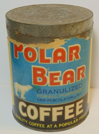 Old Vintage 1920s Polar Bear Coffee Tin Graphic 1 Pound Can Muskogee Oklahoma Ok