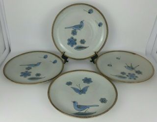 4 Vintage Ken Edwards Pottery El Palomar Blue Dinner Plates W/ Birds & Flowers
