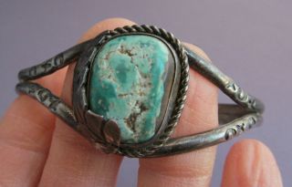 Vintage Old Pawn Sterling Oval Fox Turquoise Feather Tooled Rail Cuff Bracelet