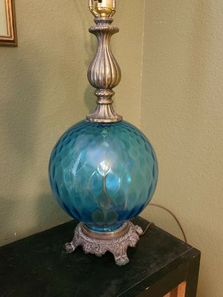 Vintage Retro Mid Century Mcm Topaz Blue Glass Table Lamp N Chip Doesn 
