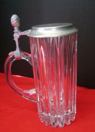 Vintage Glass Beer Drink Stein Tankard Ribbed Hinged Pewter Lid.  7.  5 " Tall