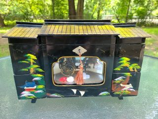 Vintage Black Lacquer Japanese Music Jewelry Box Geisha Rickshaw Lights Up W/key