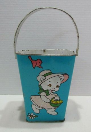 J.  Chein Vintage Tin Litho Sand Pail Bucket Square Anthro Cats & Dogs Playing