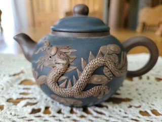 Vintage Chinese Yixing Zisha Pottery Teapot Dragon And Phoenix - Marked