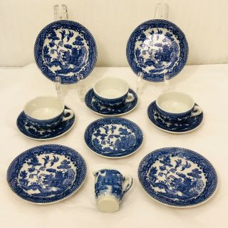 Vintage Miniature 12 Piece Flow Blue Willow Pattern Tea Set Made In Japan