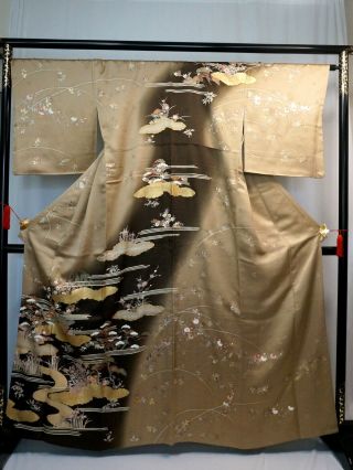 Japanese Kimono " Houmongi " Silk,  Gold /silver Leaf,  Gold Clouds,  Plants,  63 ".  1847