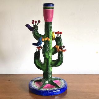 Vintage Mexican Tree Of Life Pottery Folk Art Cactus W/ Birds 10.  5” Tall