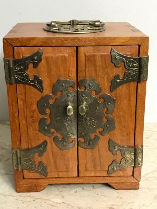 Vintage Rose? Wood Asian Jewelry Box Brass 3 - Drawer Dovetail Joints W/ Lock Key