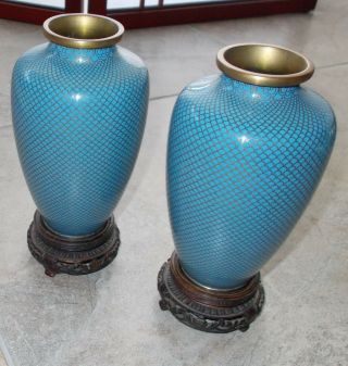 2 Matching Vintage Blue Fish Scale Cloisonne Vases W/original Pedestals