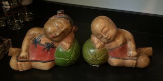Vintage Carved Wooden Boy And Girl Sleeping On A Melon