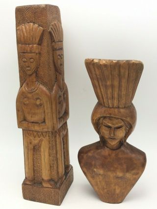 2 Vintage Tribal Wood Carving Set Bust Of Woman Carved Wooden Statue Male Totum