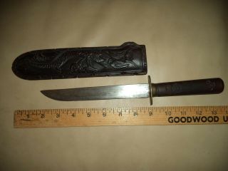 Handmade Oriental Knife And Wooden Scabbard With Dragon Motif