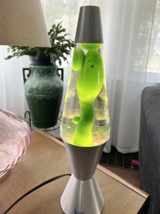Vintage 16’’ Lava Lamp W/ Clear Oil & Lime Green Lava Silver Base & Top