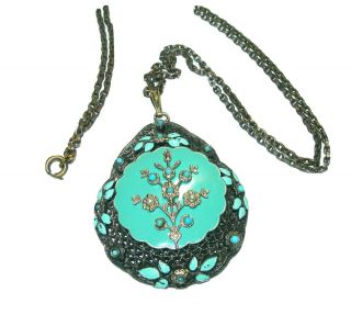 Vintage Art Deco Enamel Blue Flower Open Work Metal Arts & Crafts Necklace