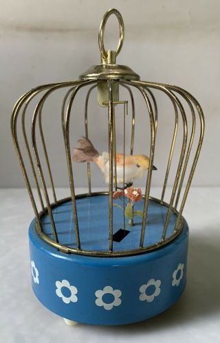1950’s Vintage Made In Japan Wind Up Automaton Music Box Bird Swinging In Cage